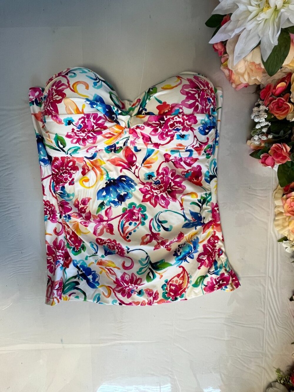 Anne Cole Strapless Twist Front Floral Tankini Swim Top XL - Picture 2 of 7